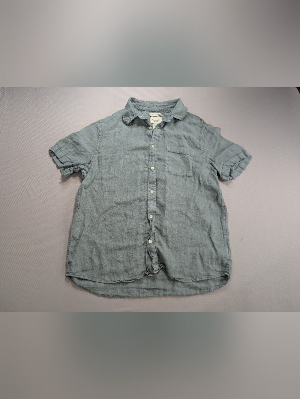 Thom Aaron Shirt L Green 100% Linen Short Sleeve Button Up Preppy Beachy